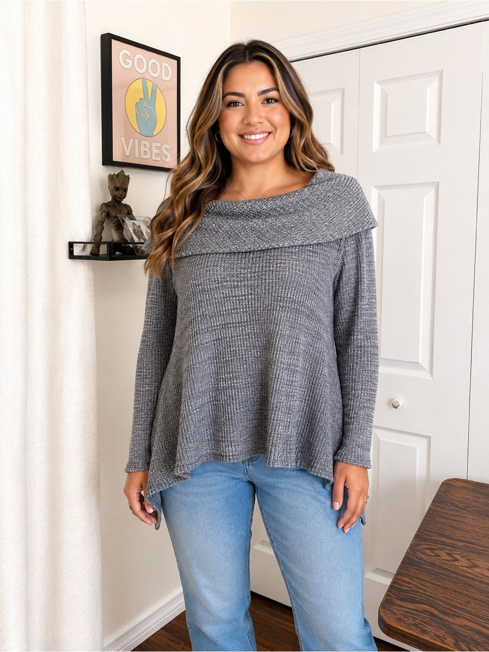 Anthropologie Postmark Maurisa Gray Waffle Knit Cowl Neck Sweater XS Cozy Fall
